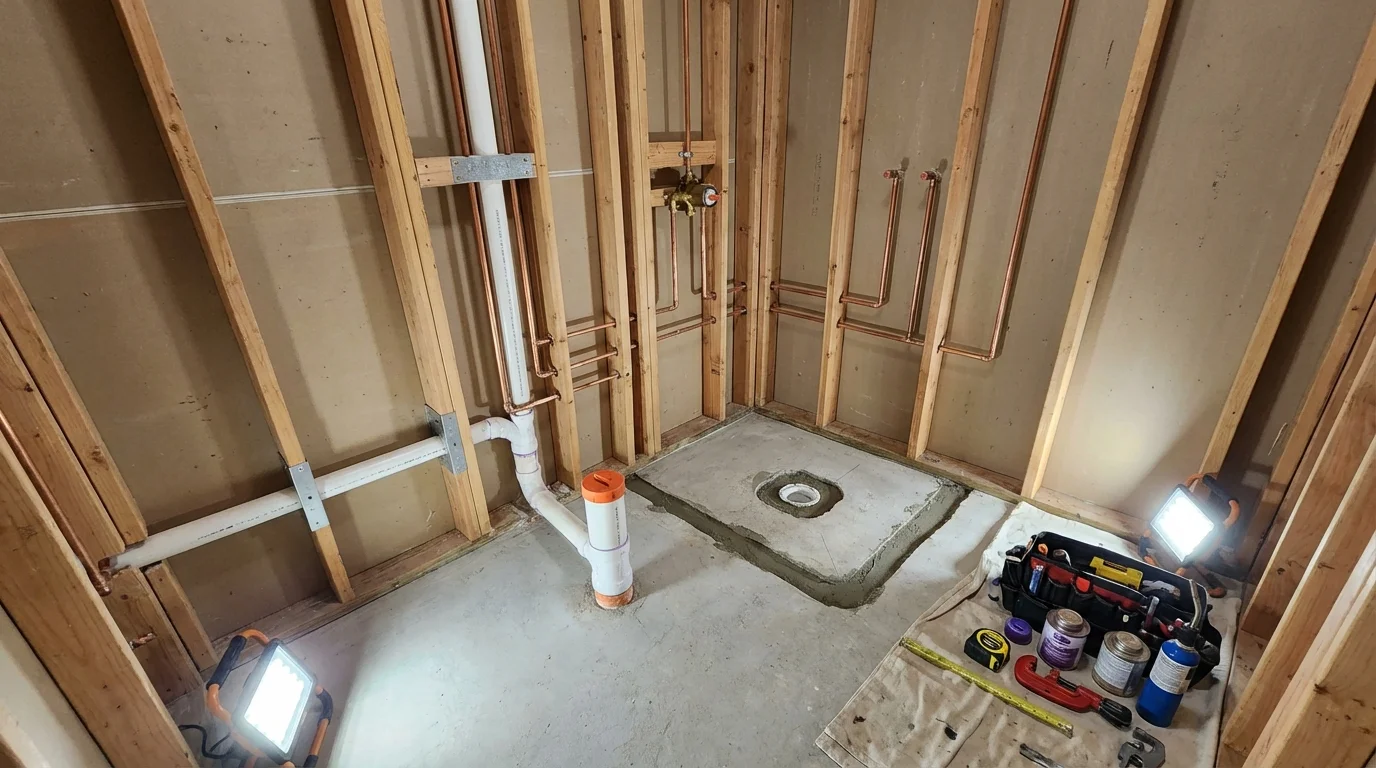 Bathroom rough-in plumbing during remodel by Johns Plumbing LLC in Fremont
