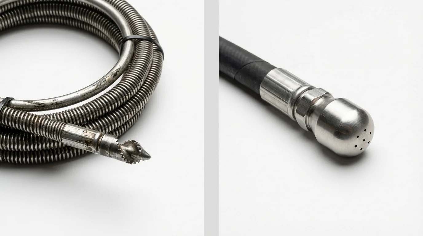 Drain snake cable and hydro jetting nozzle used for drain cleaning in Fremont, OH