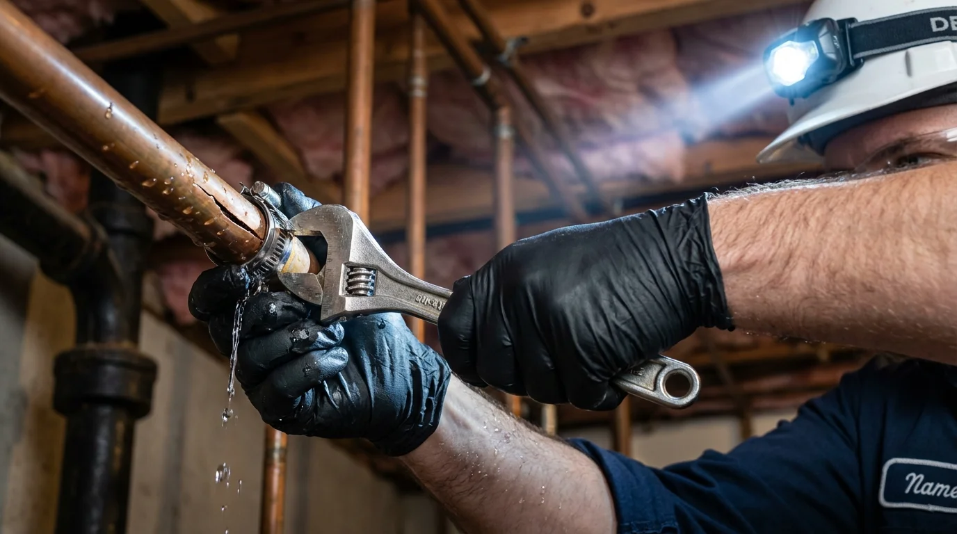 Emergency pipe clamp repair being performed by a Johns Plumbing LLC plumber in Fremont