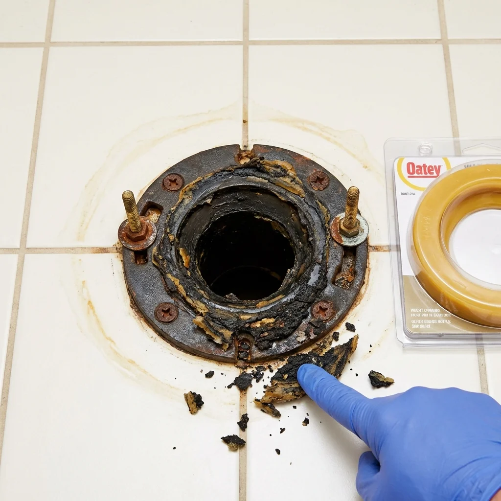 Failed wax ring showing water seepage at the base of a toilet in a Fremont, OH home