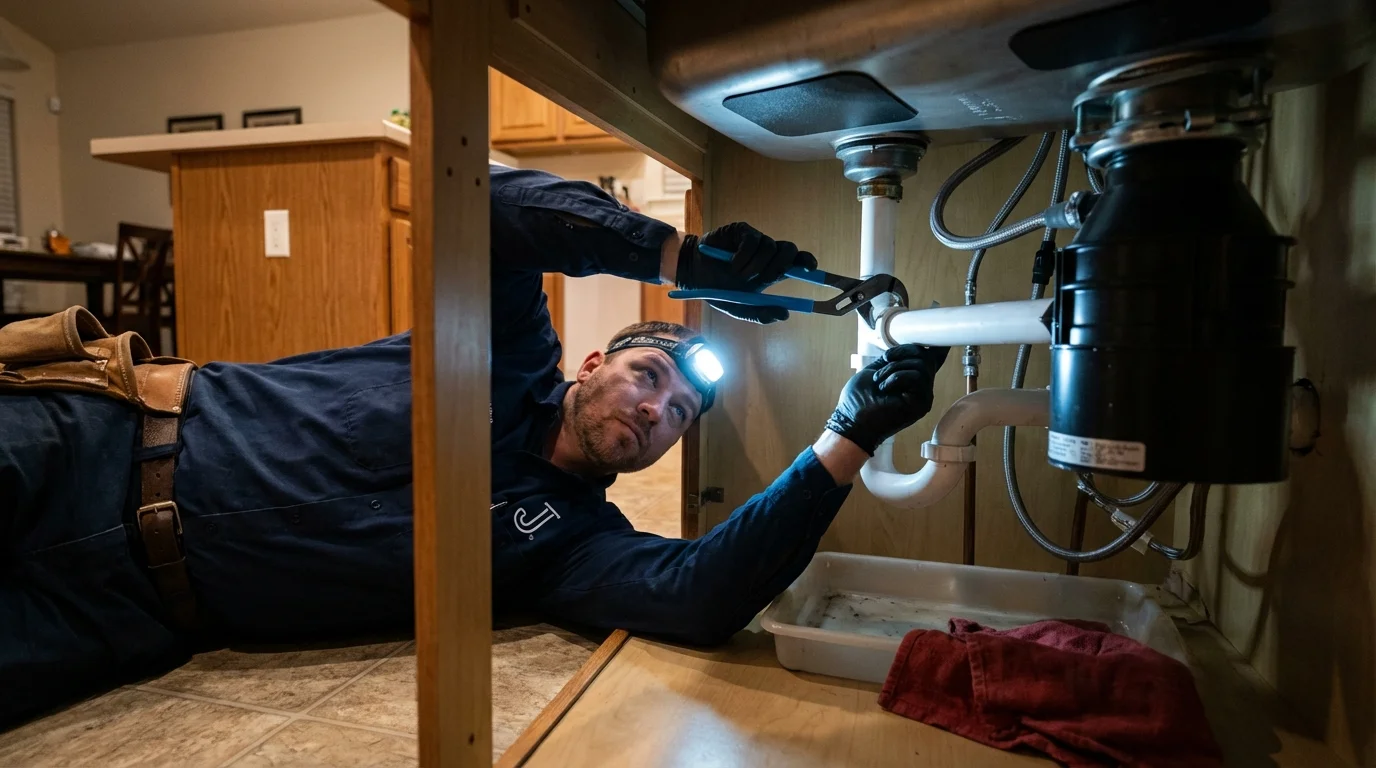 P-trap and supply line connections under a kitchen sink showing a common leak point in Fremont, OH
